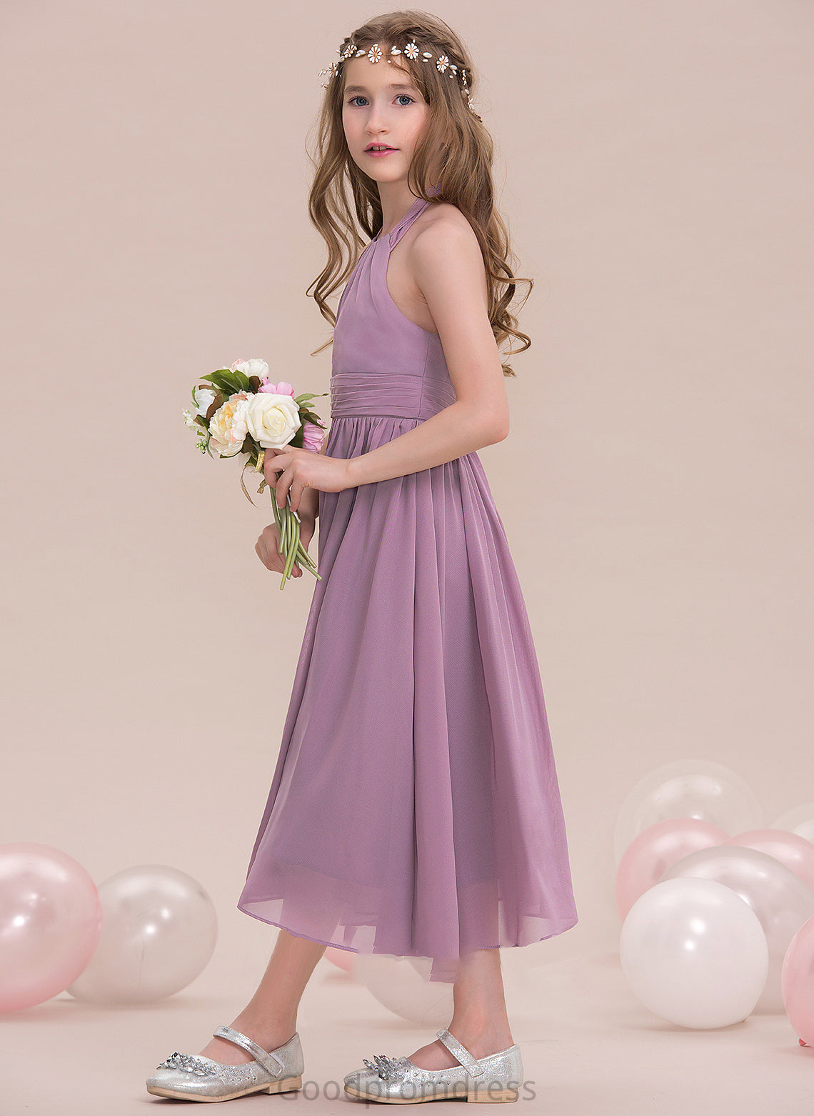 Ruffle A-Line Tea-Length Presley With Halter Chiffon Junior Bridesmaid Dresses