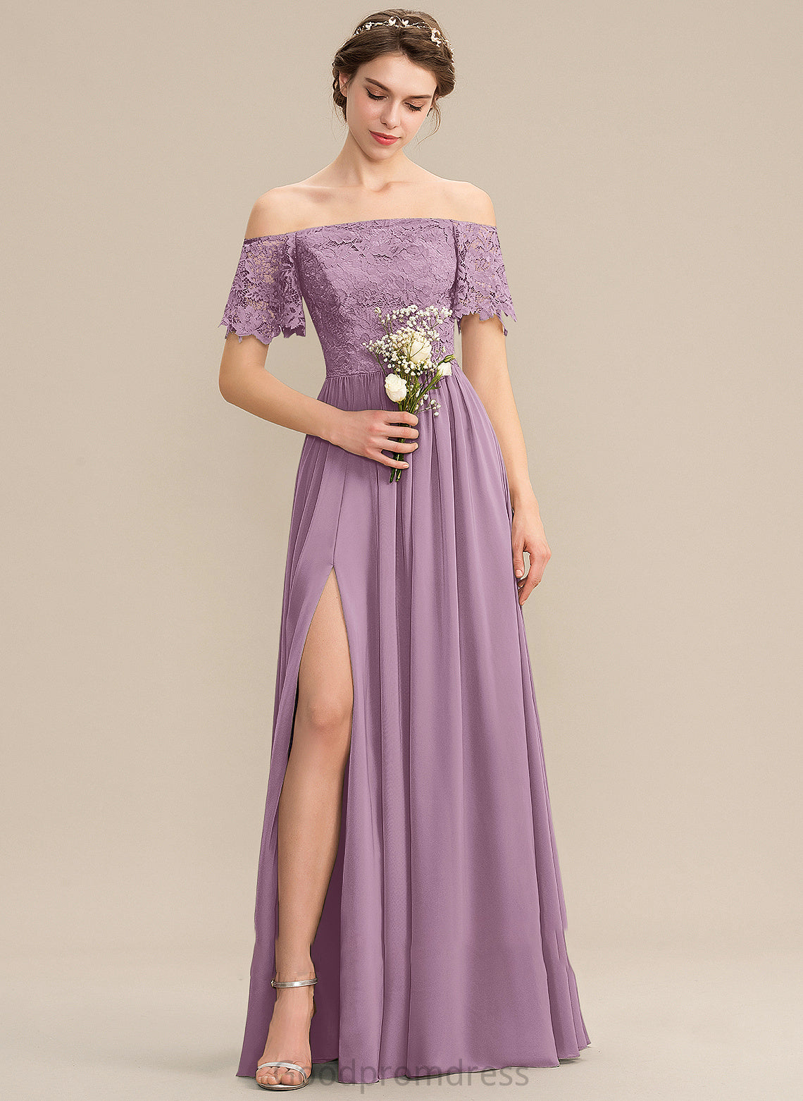 A-Line Silhouette Embellishment SplitFront Floor-Length Fabric Off-the-Shoulder Neckline Length Thirza Floor Length Natural Waist Bridesmaid Dresses