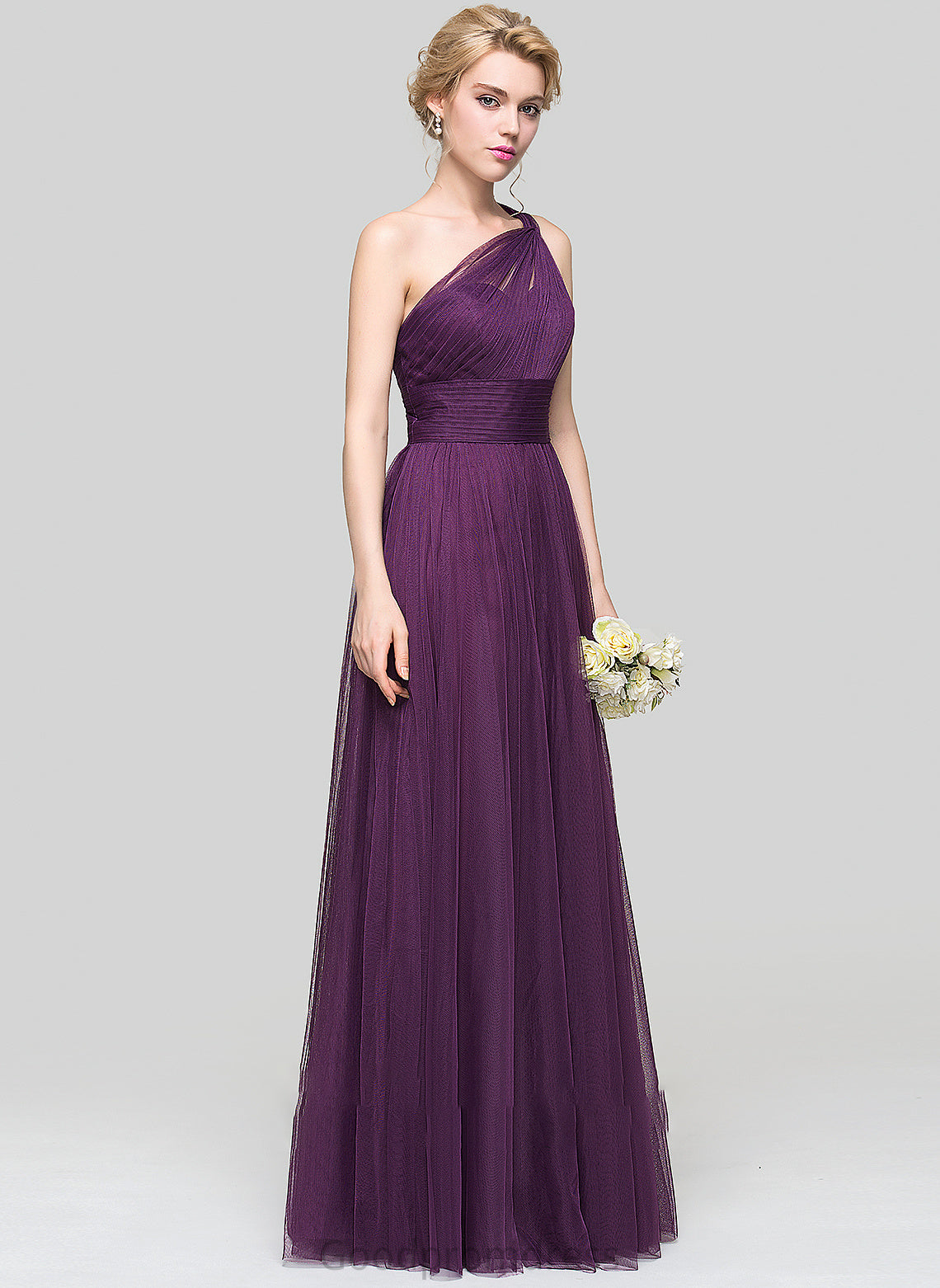 Anika Floor-Length A-Line With Tulle Prom Dresses Ruffle One-Shoulder