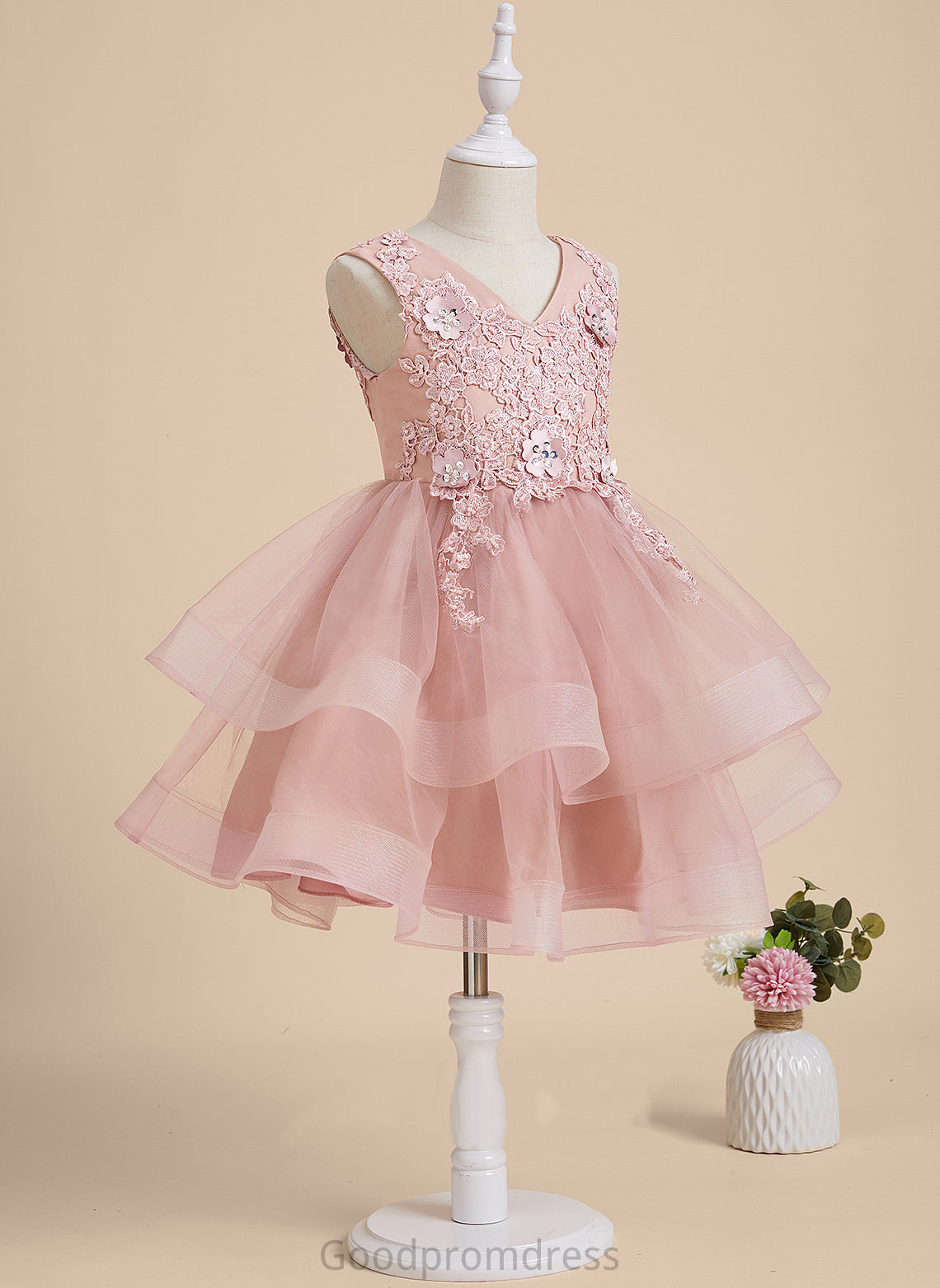 Beading/Flower(s)/Sequins Dress V-neck Knee-length With Flower Girl Dresses Girl A-Line Tulle/Lace Flower Rayna Sleeveless -