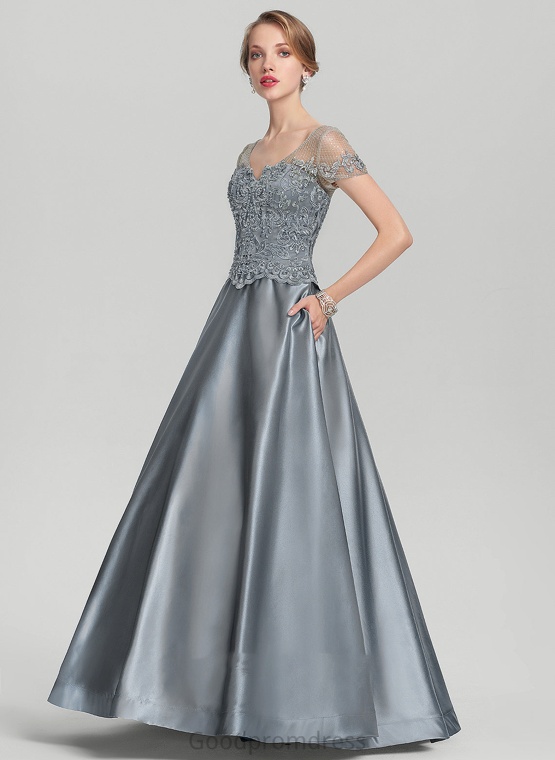 Floor-Length Satin Dress Beading With Bride V-neck Mother Daisy the Lace of Sequins Mother of the Bride Dresses A-Line