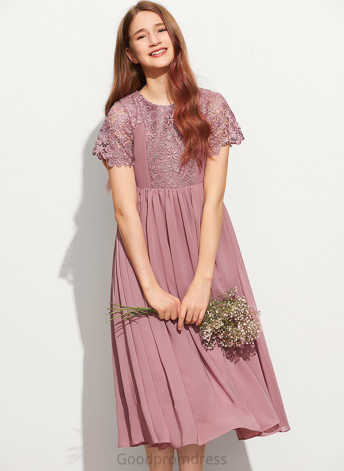 Junior Bridesmaid Dresses A-Line Maryjane Tea-Length Scoop Neck Chiffon Lace