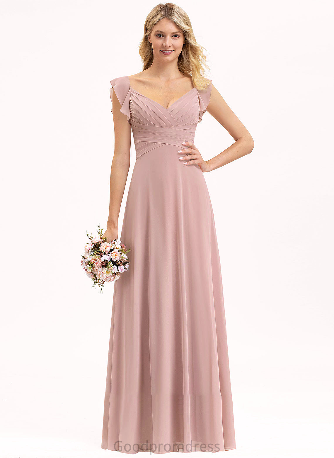 Empire Floor-Length Chiffon Ciara Prom Dresses Cascading Ruffles V-neck With