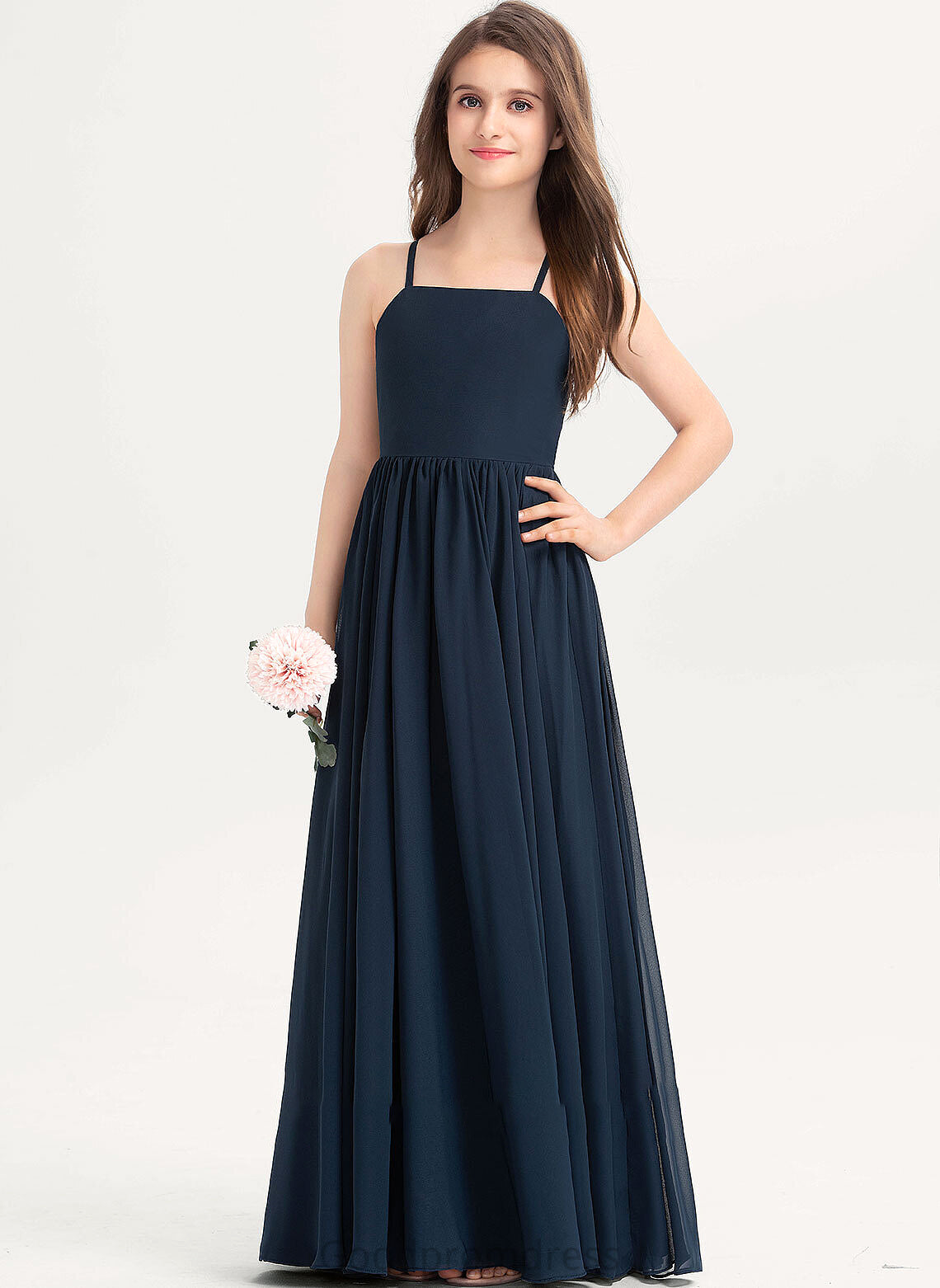 Junior Bridesmaid Dresses Floor-Length A-Line With Chiffon Square Micaela Bow(s) Neckline