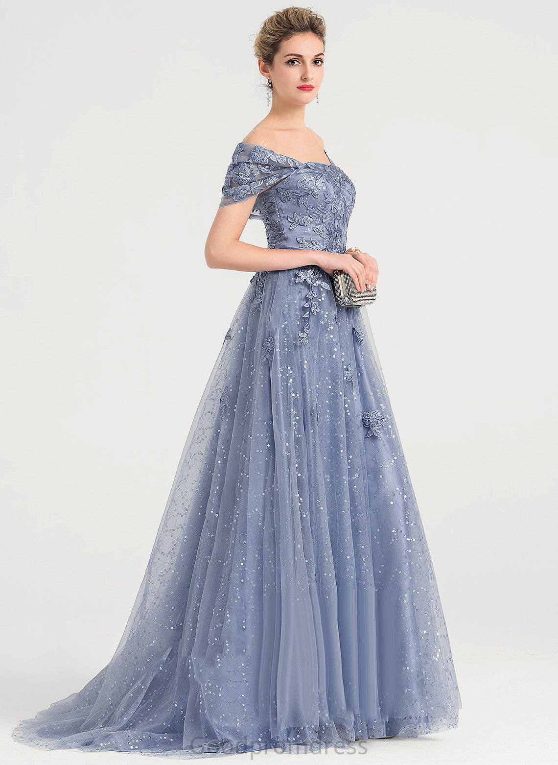 Sequins Prom Dresses Train With Ball-Gown/Princess Off-the-Shoulder Sweep Tulle Lisa Lace