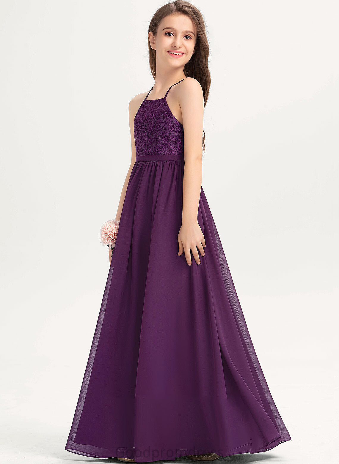 Lace Square Chiffon Junior Bridesmaid Dresses With Floor-Length Neckline Bow(s) Celia A-Line