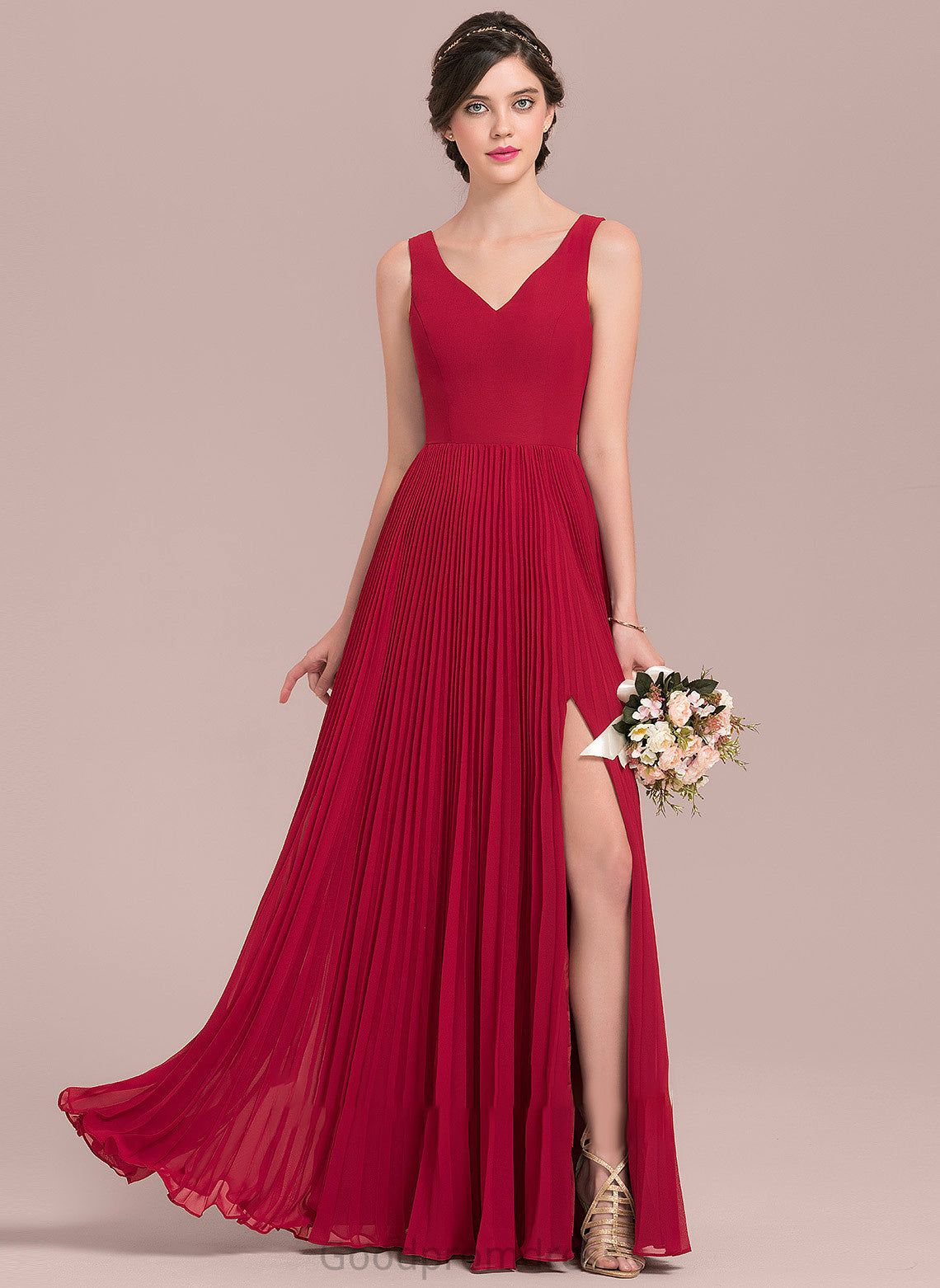 A-Line Silhouette V-neck Fabric Length Pleated Embellishment Floor-Length Neckline SplitFront Allisson A-Line/Princess Bridesmaid Dresses