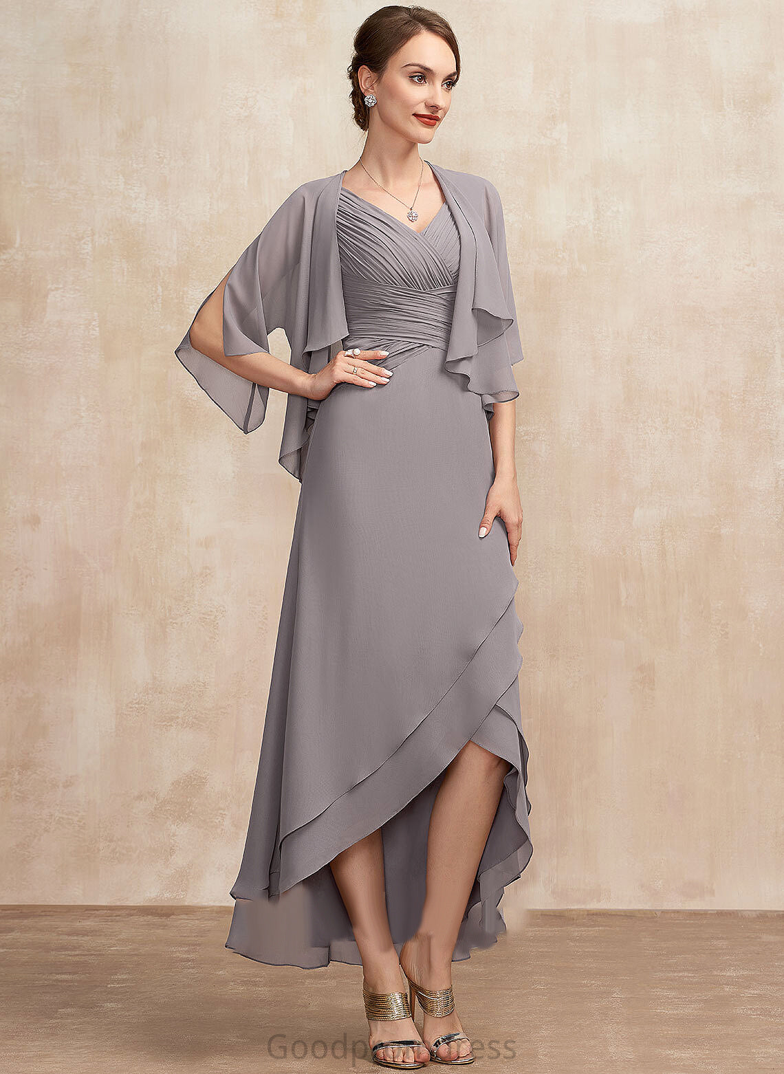 Bride the With Chiffon A-Line Mother V-neck Dress Makaila of Ruffle Asymmetrical Mother of the Bride Dresses