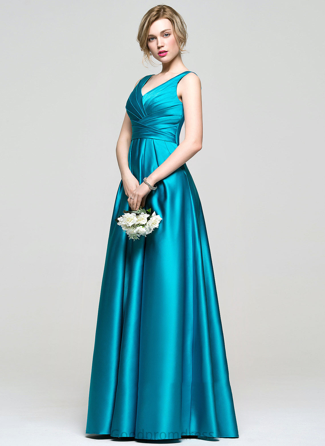 Ball-Gown/Princess Prom Dresses With V-neck Chelsea Satin Ruffle Pockets Floor-Length