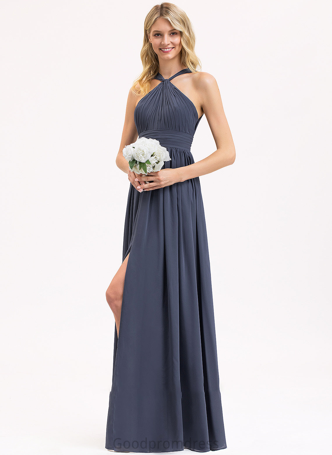 Neckline Fabric Length SplitFront Embellishment Silhouette V-neck Ruffle A-Line Floor-Length Meredith Floor Length Bridesmaid Dresses