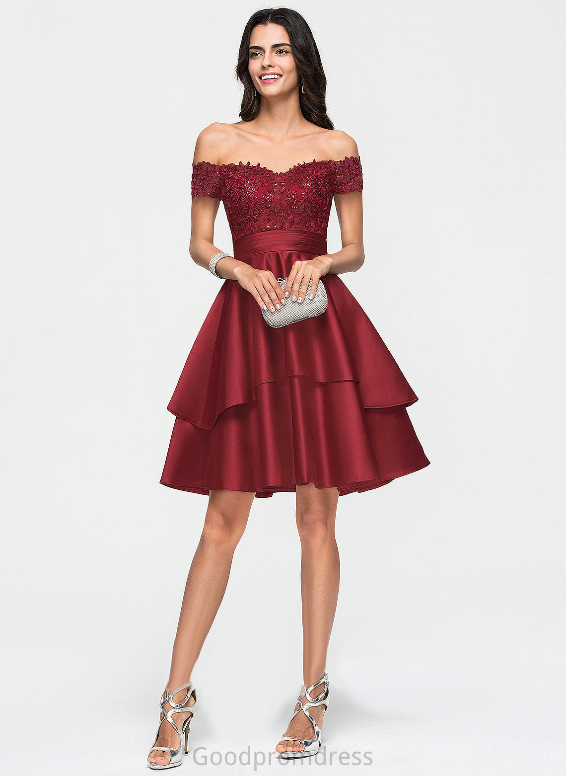 A-Line Lace Knee-Length Cocktail Satin Dress With Daniella Off-the-Shoulder Cocktail Dresses Sequins