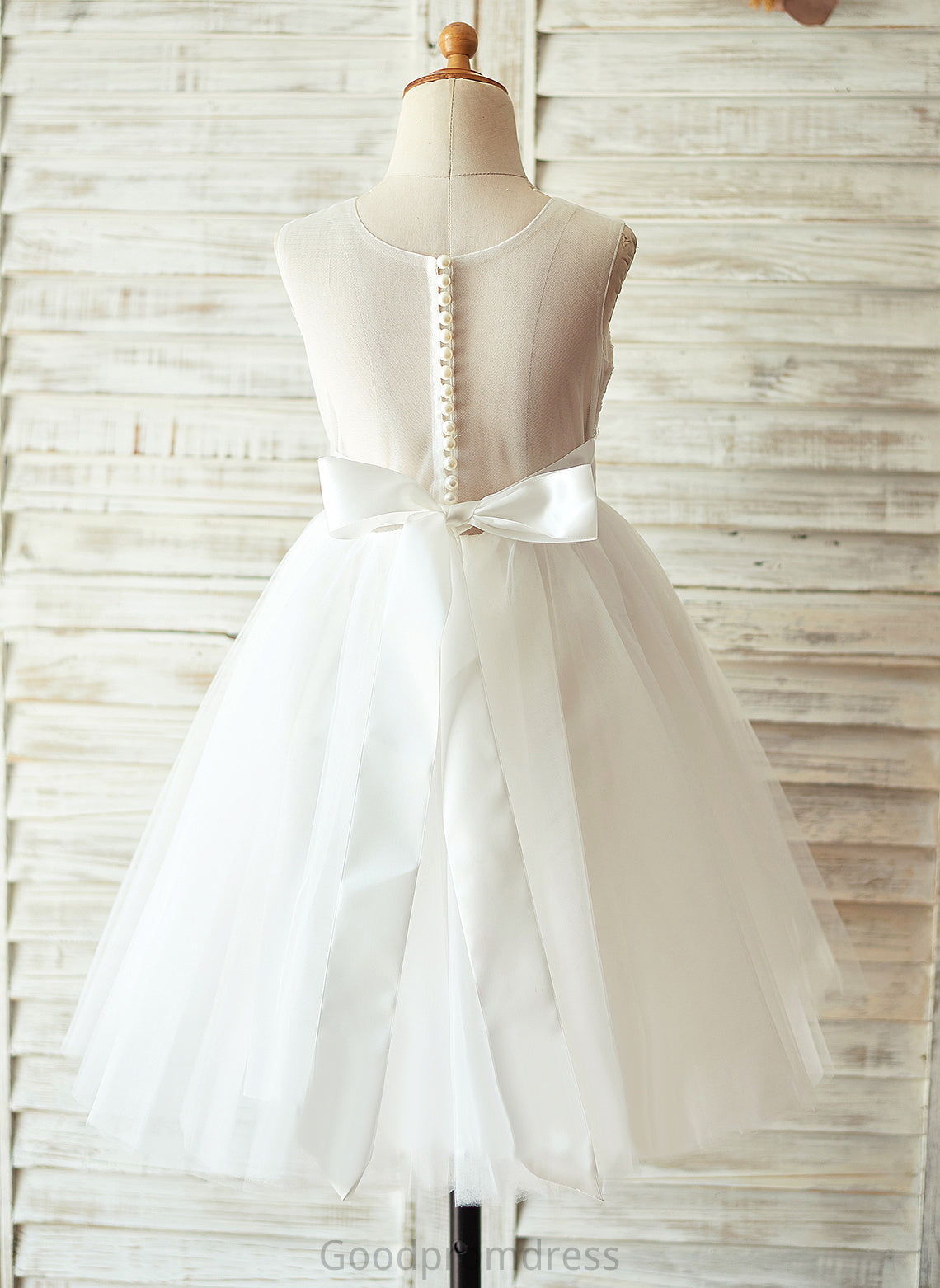 Girl Dress With - Neck Knee-length Scoop Flower Girl Dresses A-Line Sleeveless Bailey Bow(s) Flower Tulle/Lace