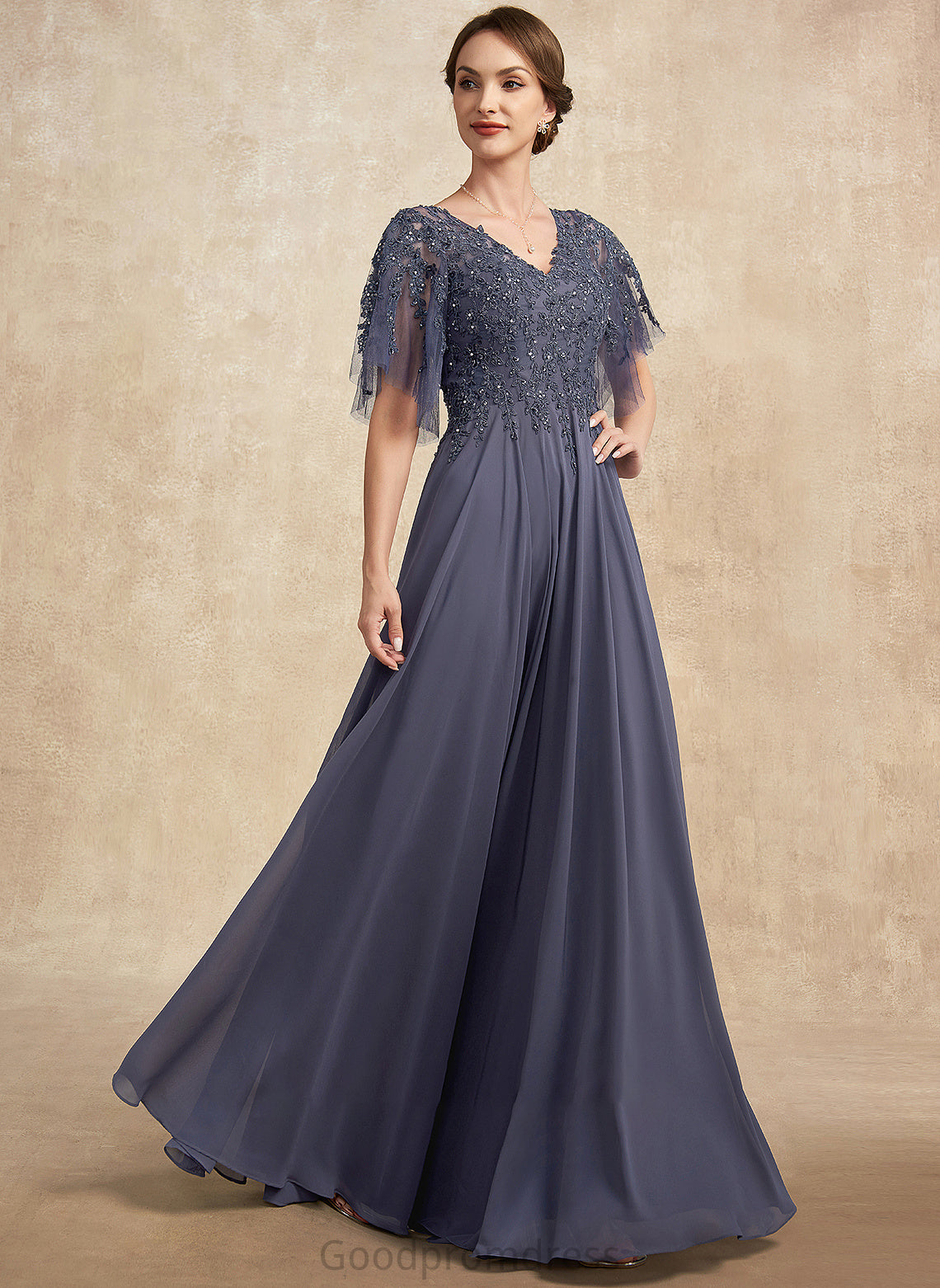 the Dress Mother of Floor-Length Lace A-Line Bride V-neck Sequins With Beading Chiffon Mother of the Bride Dresses Ann