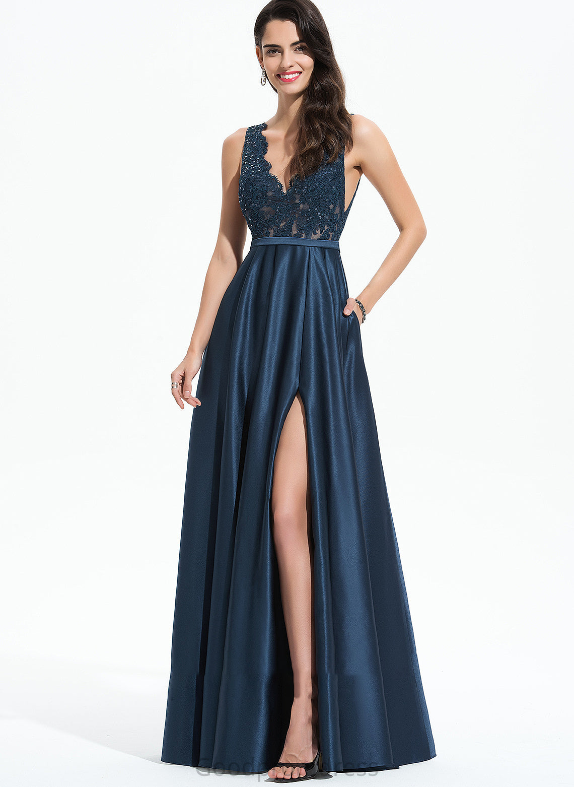 V-neck Satin Sanaa Split Floor-Length With Pockets Prom Dresses Lace Sequins Front A-Line