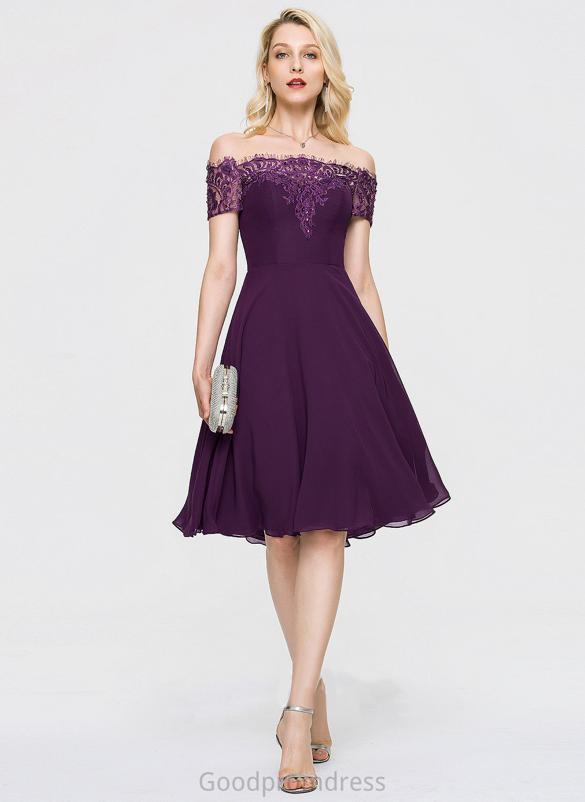 Knee-Length Chiffon With Homecoming Dresses Off-the-Shoulder Jode Homecoming Lace Beading Dress A-Line