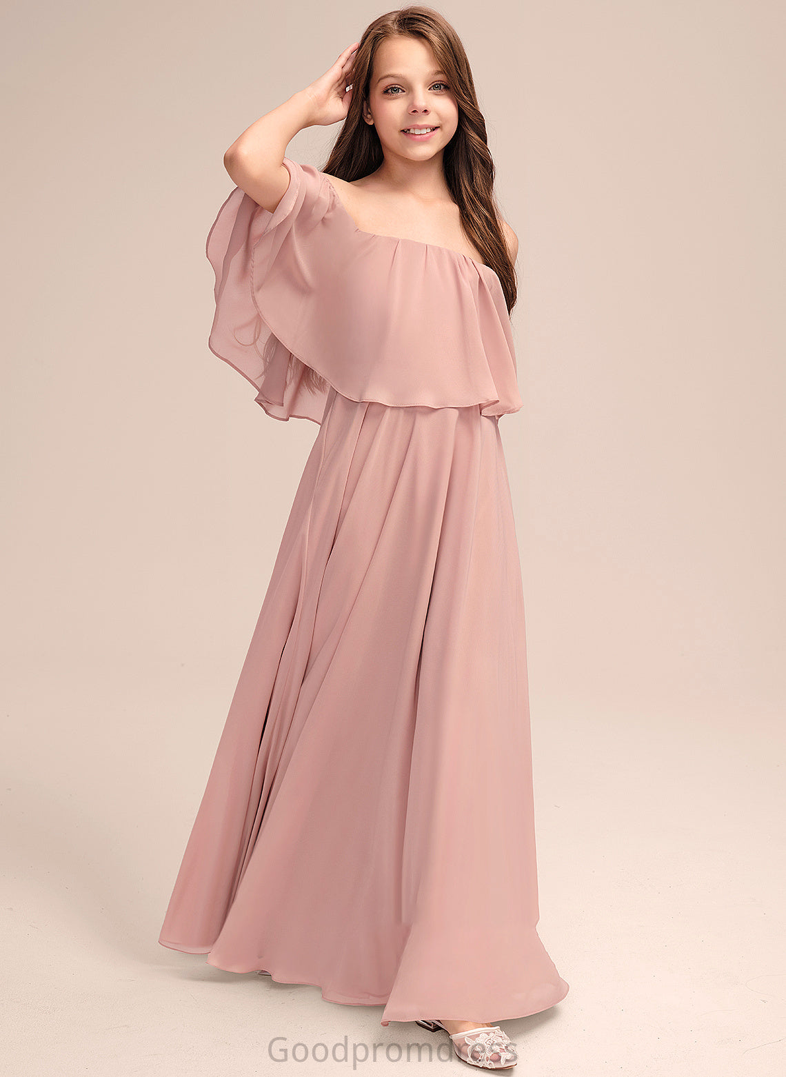 Off-the-Shoulder Chiffon Floor-Length With Junior Bridesmaid Dresses Alexus Ruffle A-Line