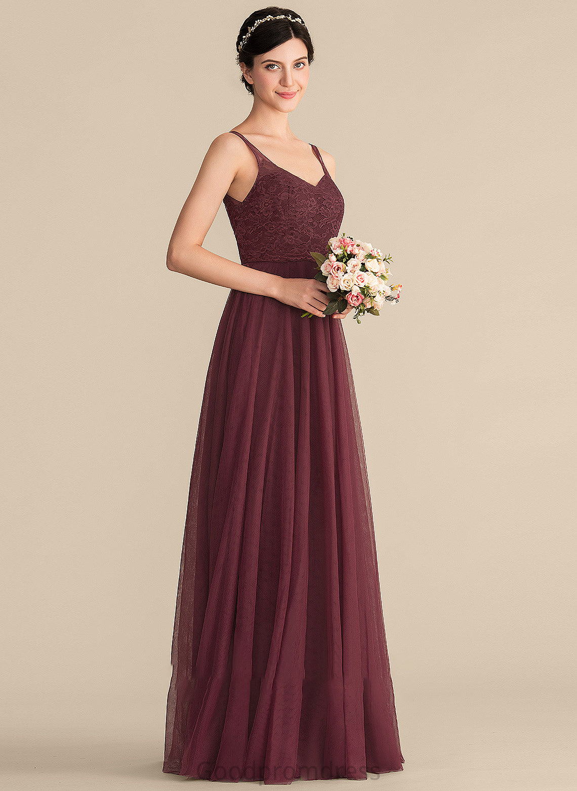 Silhouette Straps Neckline Lace Tulle Length Floor-Length A-Line V-neck Fabric Poll Spaghetti Staps Bridesmaid Dresses