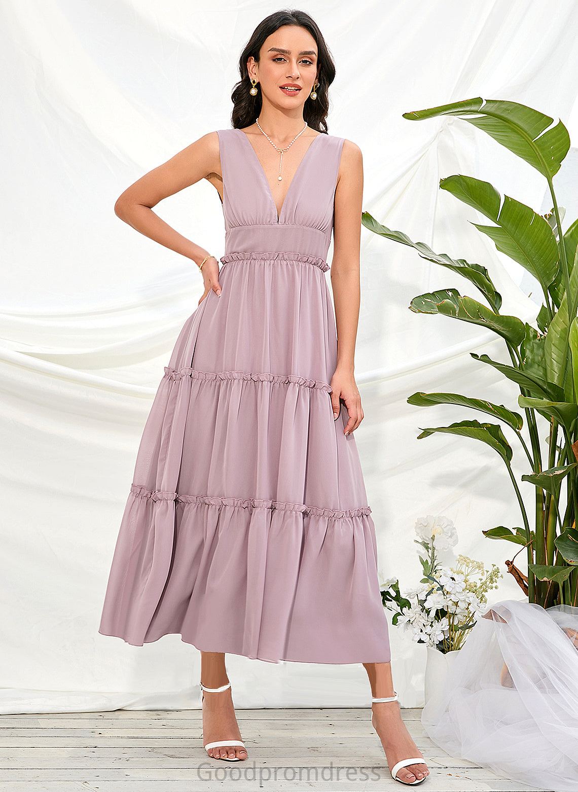 V-neck Length Silhouette Tea-Length Neckline Fabric Polyester Straps A-Line Lindsay Sleeveless A-Line/Princess Bridesmaid Dresses