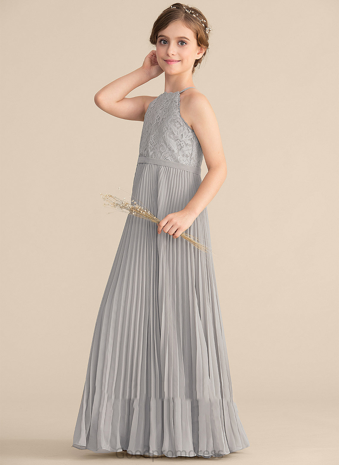 Lace Pleated Neck Delilah Chiffon Junior Bridesmaid Dresses Scoop A-Line With Floor-Length