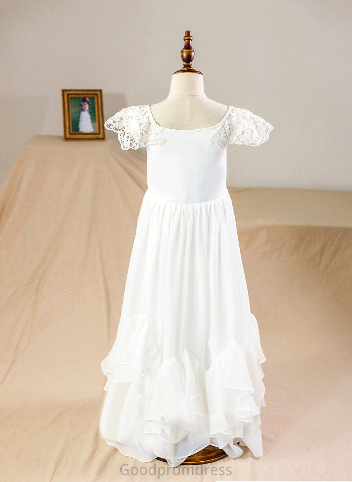 A-Line Neck Lace Floor-length Sleeves Dress With Flower Girl Dresses Flower Girl Chiffon Ciara Short - Scoop