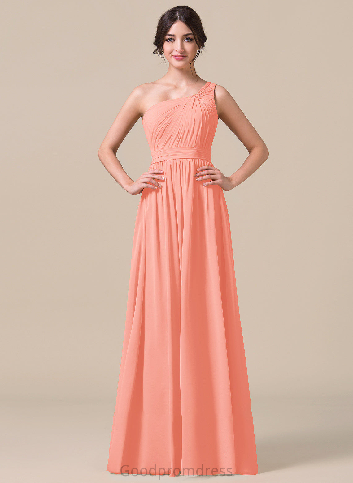 One-Shoulder Ruffle Fabric Length Neckline Embellishment A-Line Floor-Length Silhouette Ashtyn Sleeveless Spaghetti Staps Bridesmaid Dresses