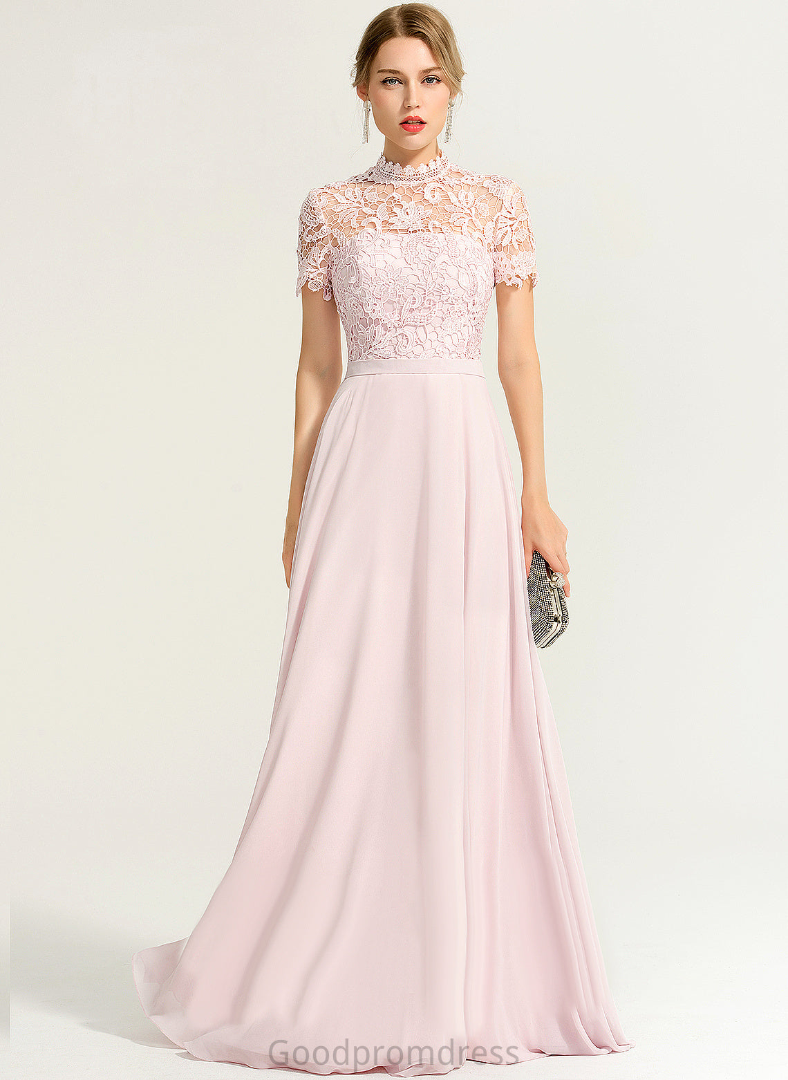 A-Line Neck With Prom Dresses High Sequins Chiffon Jemima Lace Floor-Length