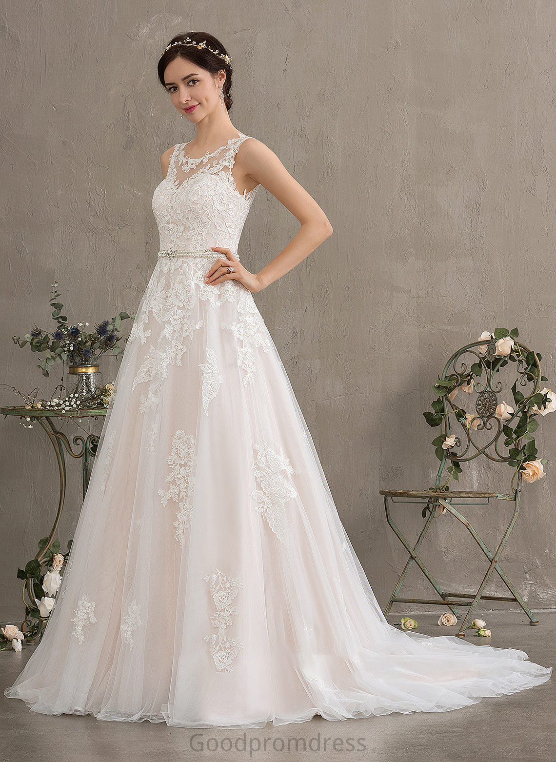 Tulle Beading Scoop Ball-Gown/Princess Train Wedding Dresses Sequins Neck Caroline Wedding With Dress Court