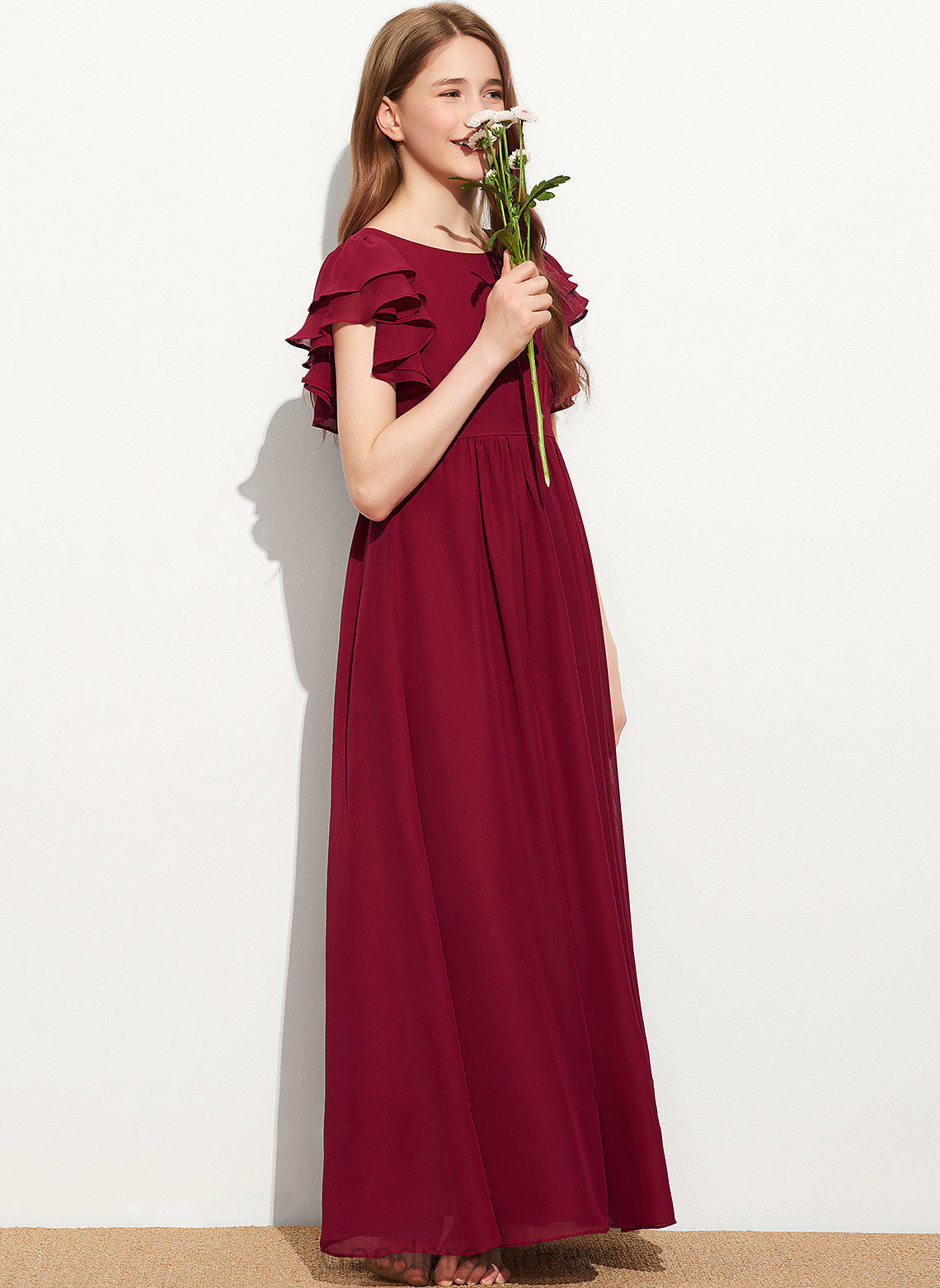 A-Line Cascading Neck Harley Scoop Junior Bridesmaid Dresses Floor-Length Chiffon Ruffles With