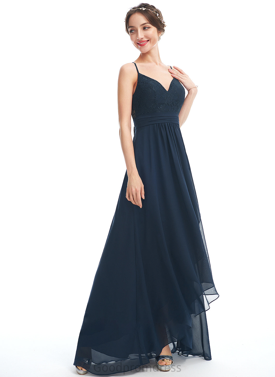 Lace Bow(s) Fabric V-neck Length Asymmetrical Neckline A-Line Embellishment Silhouette Kamryn Bridesmaid Dresses