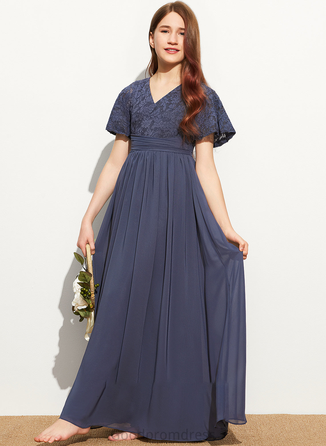 Bow(s) Asia Lace A-Line Chiffon Floor-Length Junior Bridesmaid Dresses V-neck With