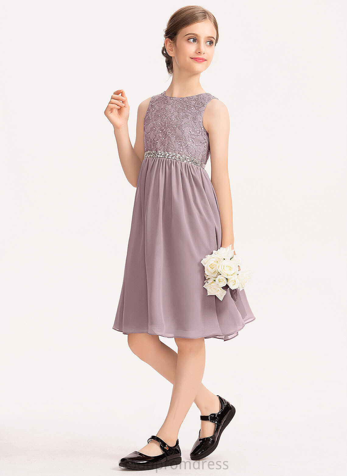 Bow(s) Nayeli Beading A-Line With Chiffon Neck Scoop Knee-Length Junior Bridesmaid Dresses Lace