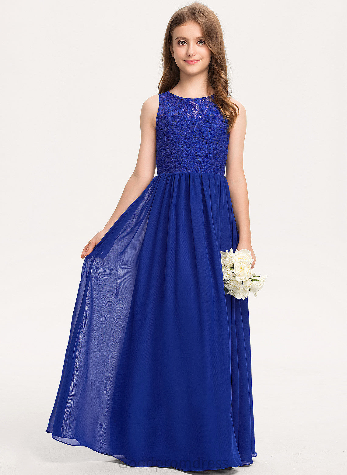 Scoop Chiffon Cindy Lace A-Line Neck Floor-Length Junior Bridesmaid Dresses