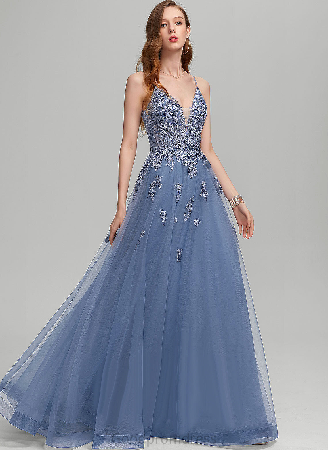 A-Line Prom Dresses Tulle With Adrienne Sequins V-neck Floor-Length Lace