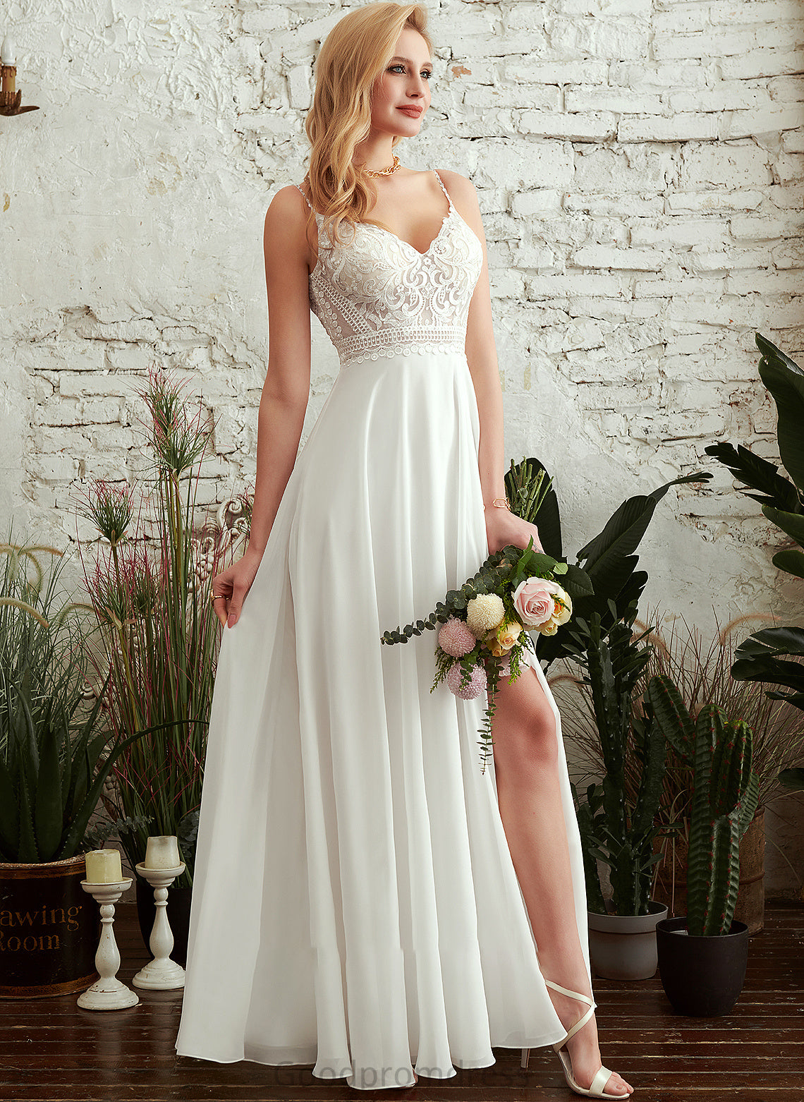 Split A-Line Front With Dress Wedding Dresses V-neck Wedding Louisa Floor-Length