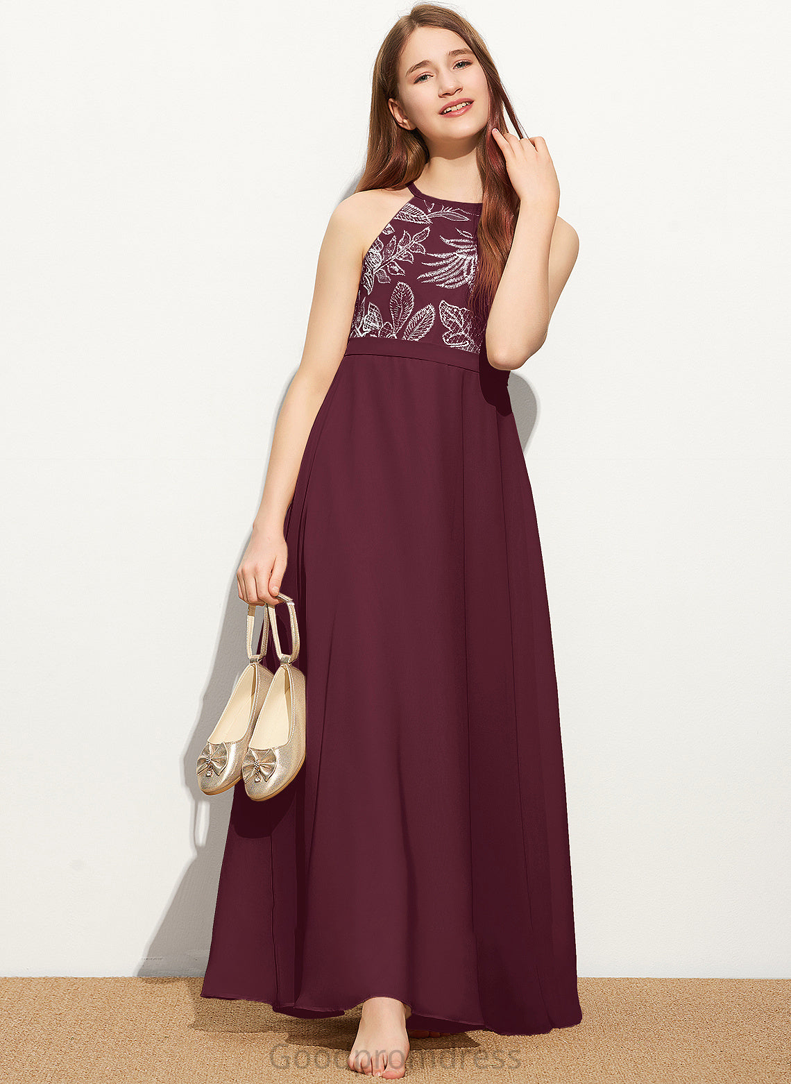 With Chiffon Lace Junior Bridesmaid Dresses A-Line Bow(s) Maeve Floor-Length Neck Scoop