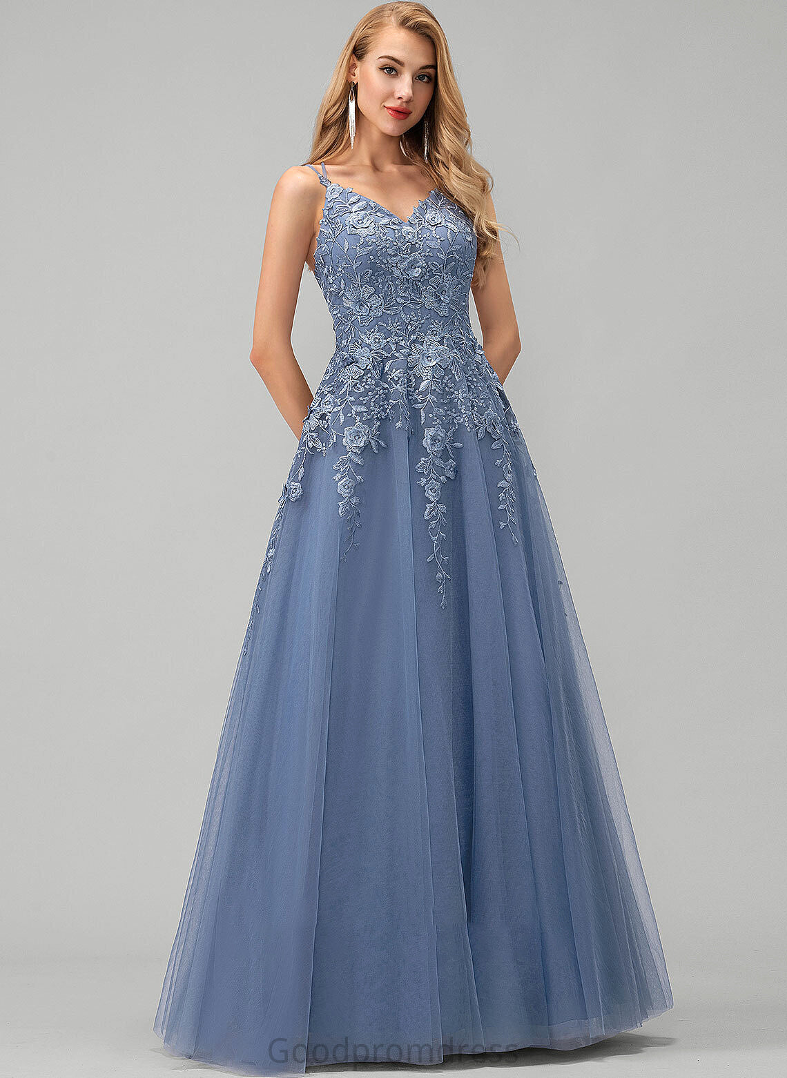 Lace Prom Dresses V-neck Tulle Floor-Length Ball-Gown/Princess Dixie With