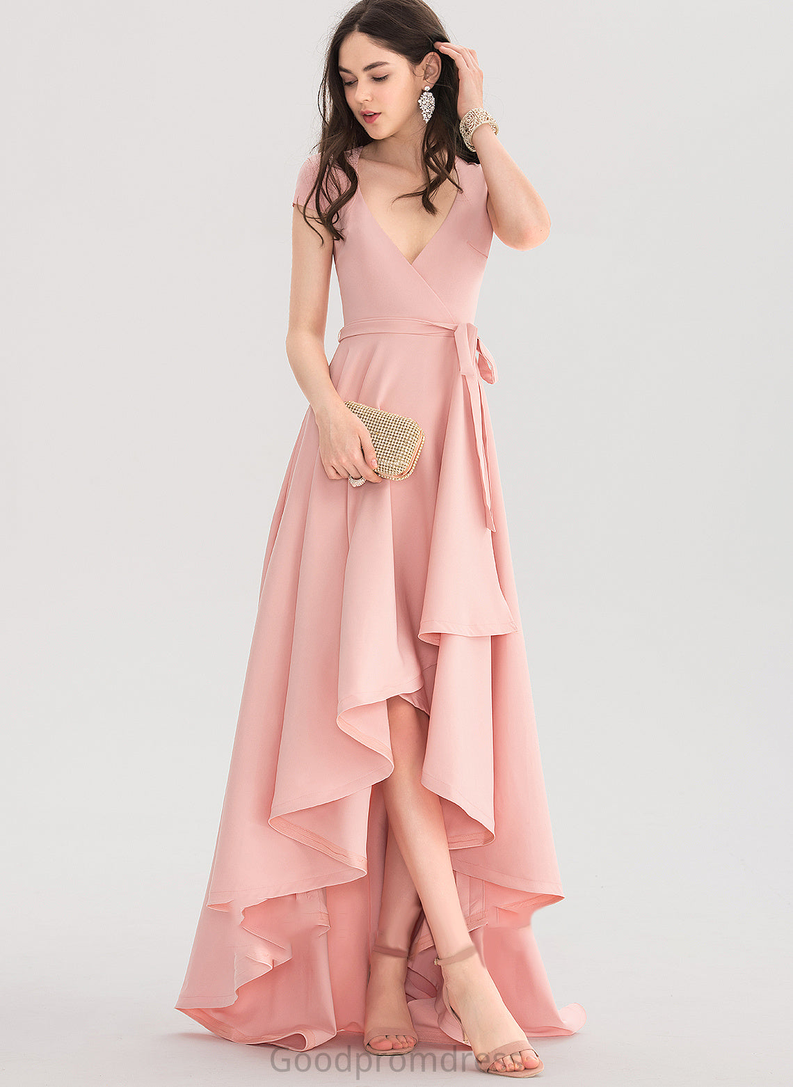 Asymmetrical Stretch Regan A-Line V-neck Prom Dresses Crepe