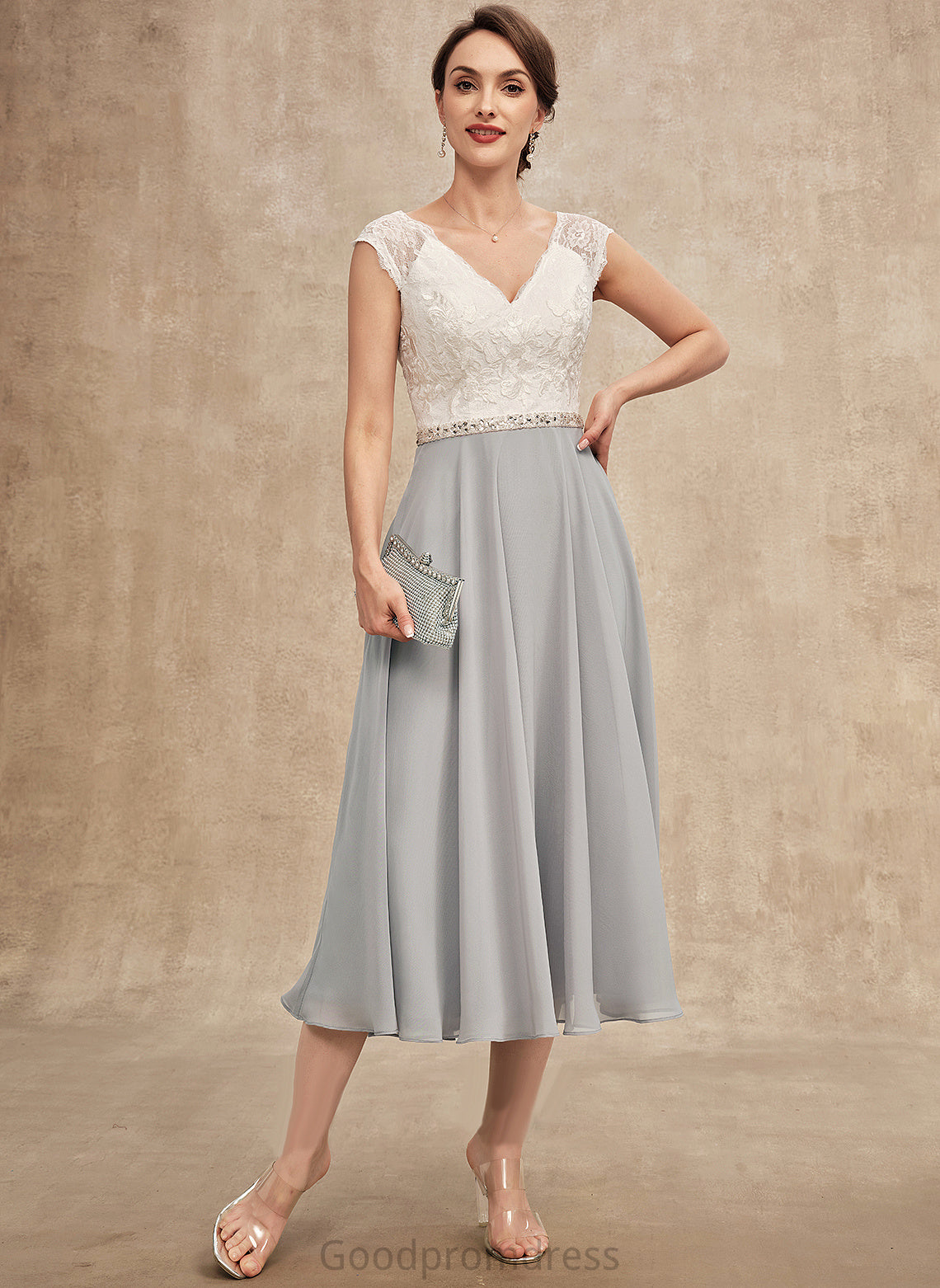 the With Lace Peggie Tea-Length A-Line Mother Chiffon of Beading V-neck Mother of the Bride Dresses Dress Bride