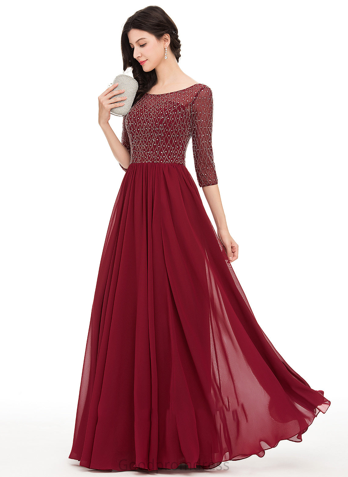 A-Line Sequins Lailah With Beading Floor-Length Neck Scoop Prom Dresses Chiffon