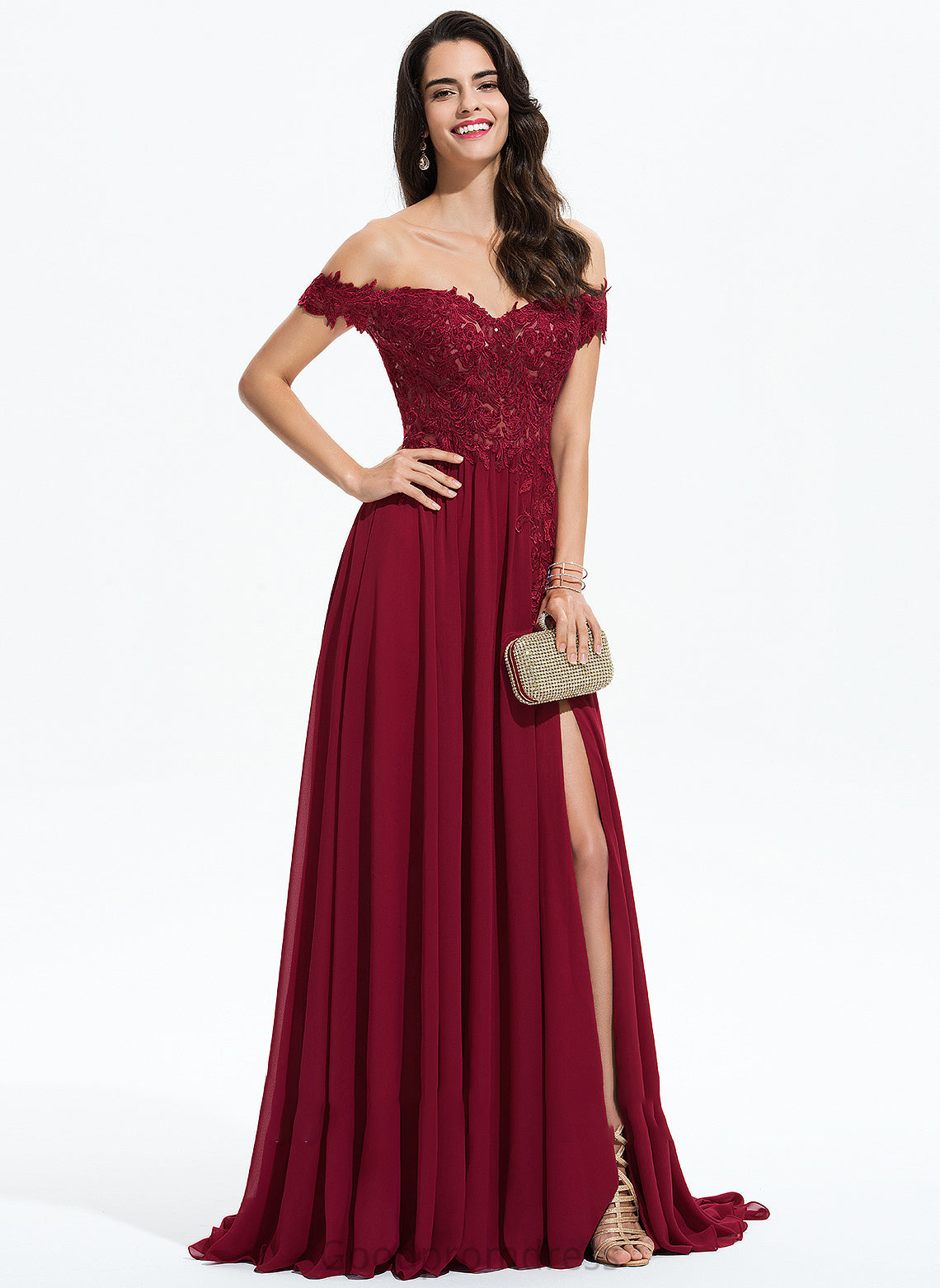 Nicky Sequins A-Line Prom Dresses Train Off-the-Shoulder With Chiffon Lace Sweep