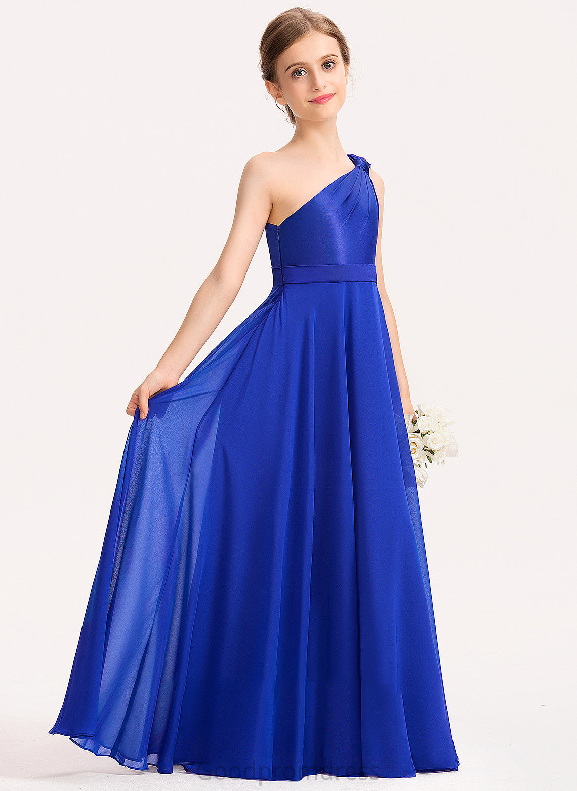 Junior Bridesmaid Dresses Floor-Length With Kennedy Charmeuse Ruffle One-Shoulder A-Line Chiffon