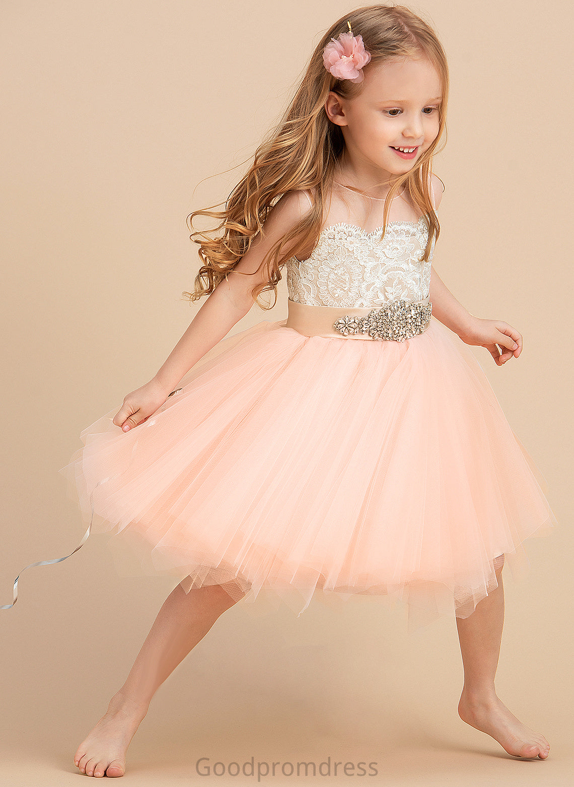 Sleeveless Neck Satin/Tulle/Lace A-Line Scoop Knee-length Beading Flower Girl Dresses Dress Flower (Undetachable Hazel - With sash) Girl