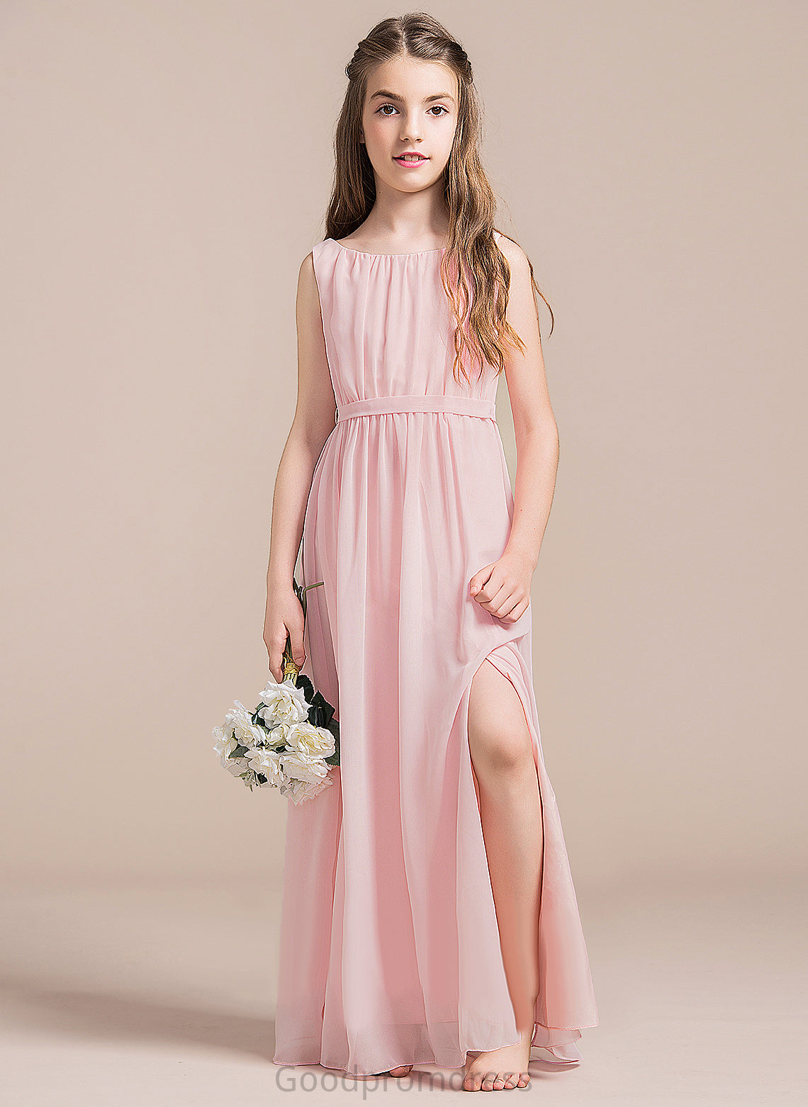 Annabel Front With Split Chiffon Ruffle A-Line Floor-Length Neck Junior Bridesmaid Dresses Scoop