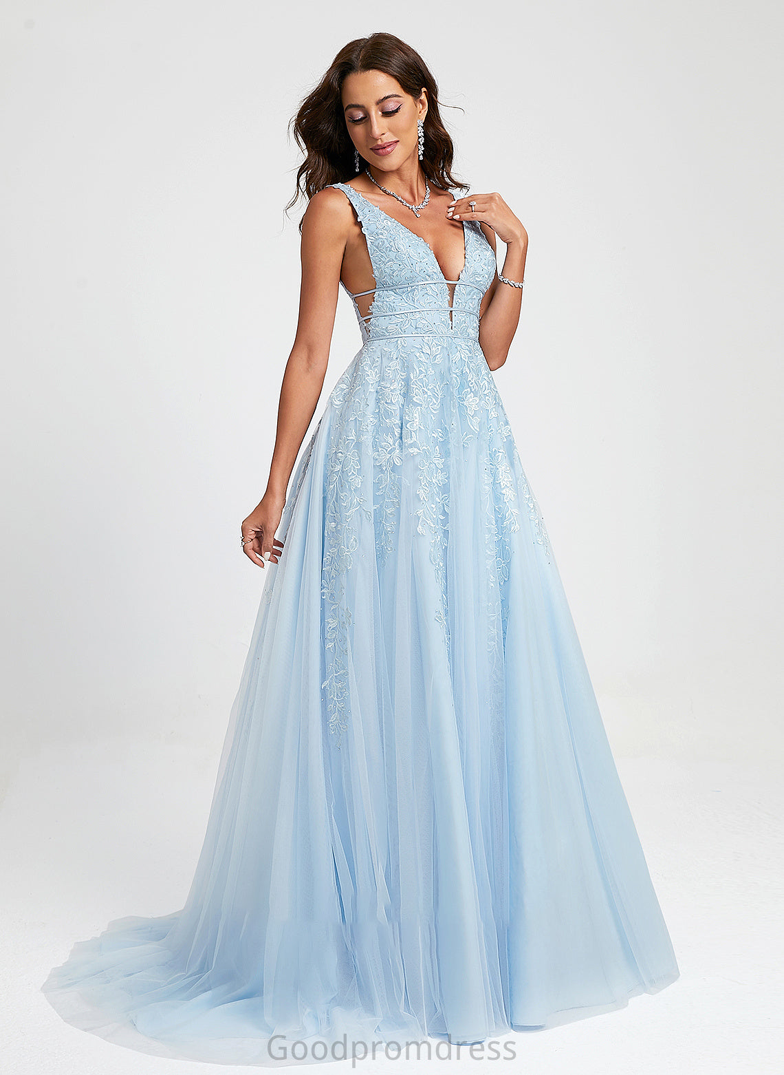 With Alannah Lace Tulle Sweep Beading Train Prom Dresses V-neck Ball-Gown/Princess