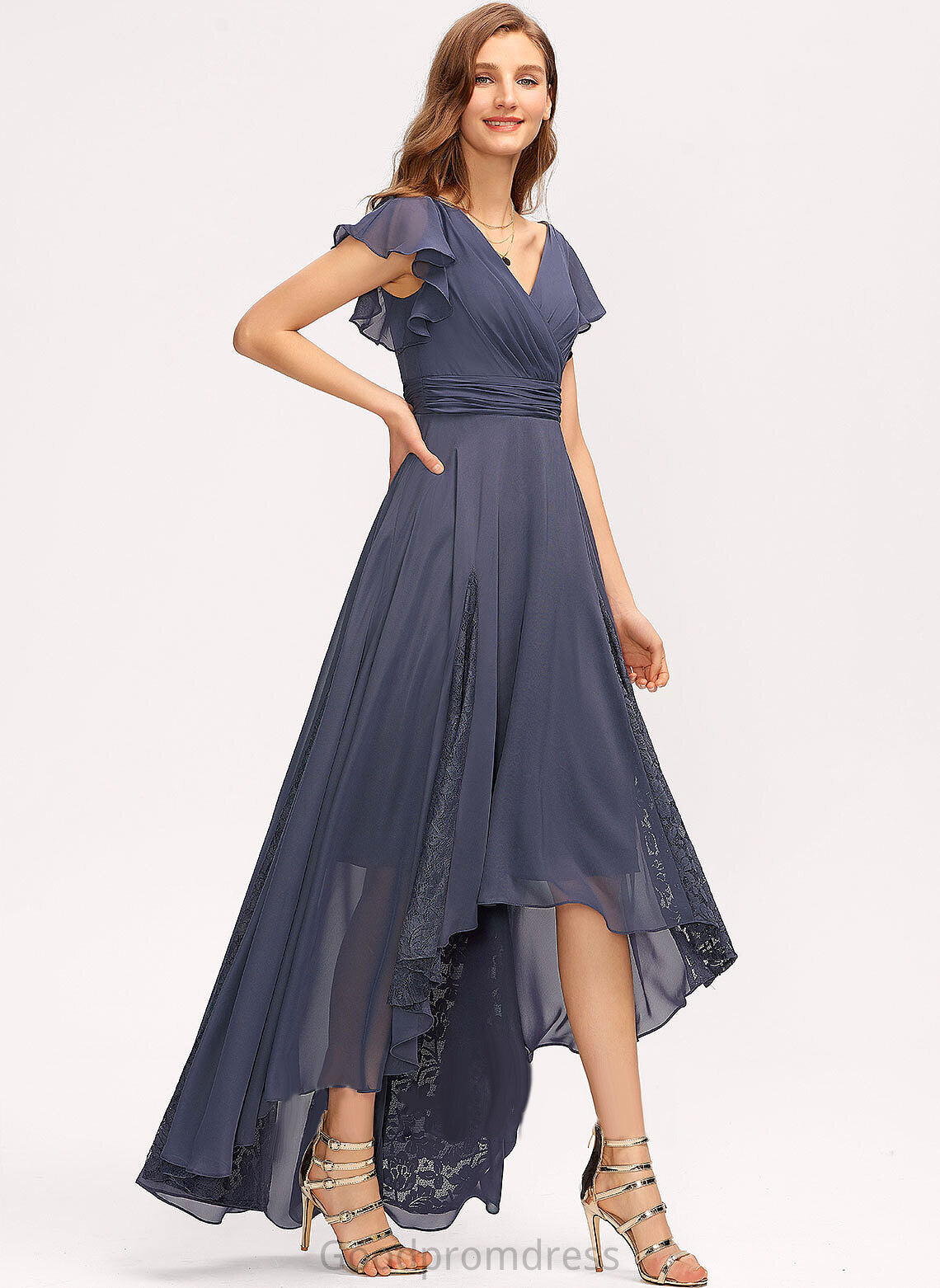 V-neck With Cocktail Asymmetrical Chiffon A-Line Dress Lace Leslie Cocktail Dresses Ruffle