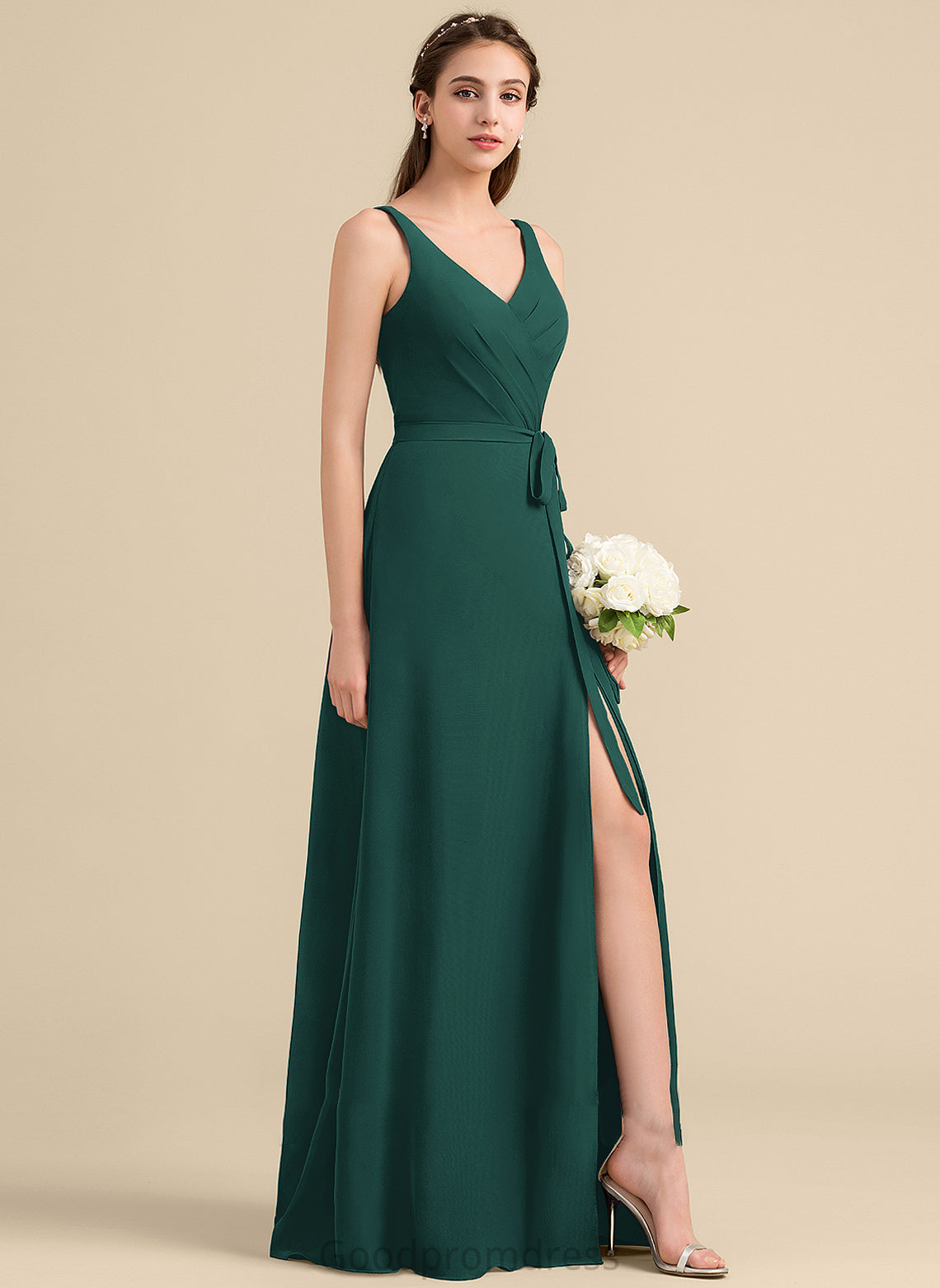 Fabric Bow(s) V-neck Floor-Length A-Line SplitFront Neckline Length Embellishment Silhouette Ruffle Luciana Bridesmaid Dresses