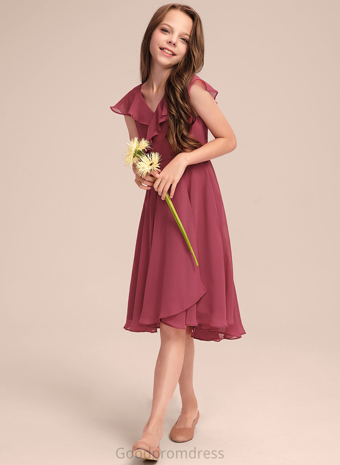 Yaretzi Ruffles Cascading A-Line With Junior Bridesmaid Dresses Asymmetrical Chiffon V-neck