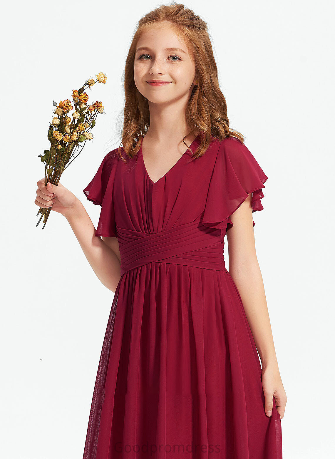 Floor-Length Chiffon Junior Bridesmaid Dresses A-Line With V-neck Ruffle Cheryl