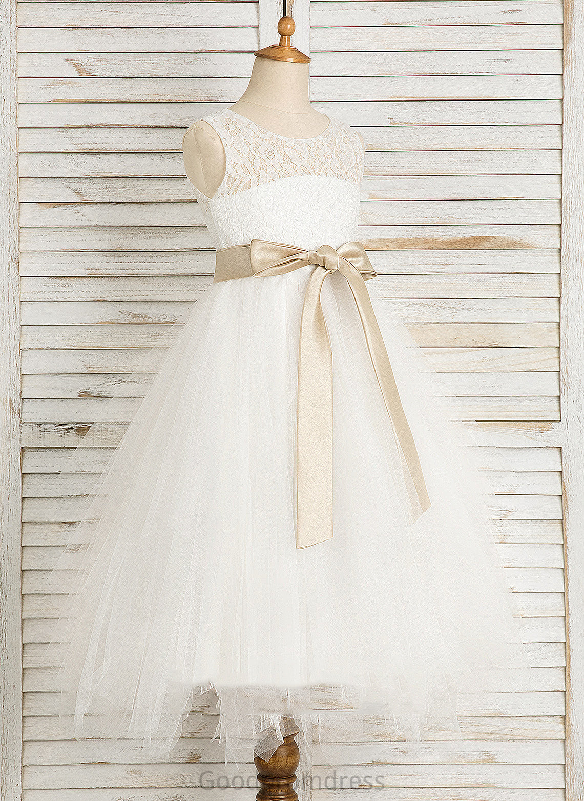 Tea-length Scoop Girl Dress A-Line/Princess Flower Girl Dresses Satin/Tulle/Lace With Flower Sash/Bow(s)/Back - Hole Neck Sleeveless Dayami