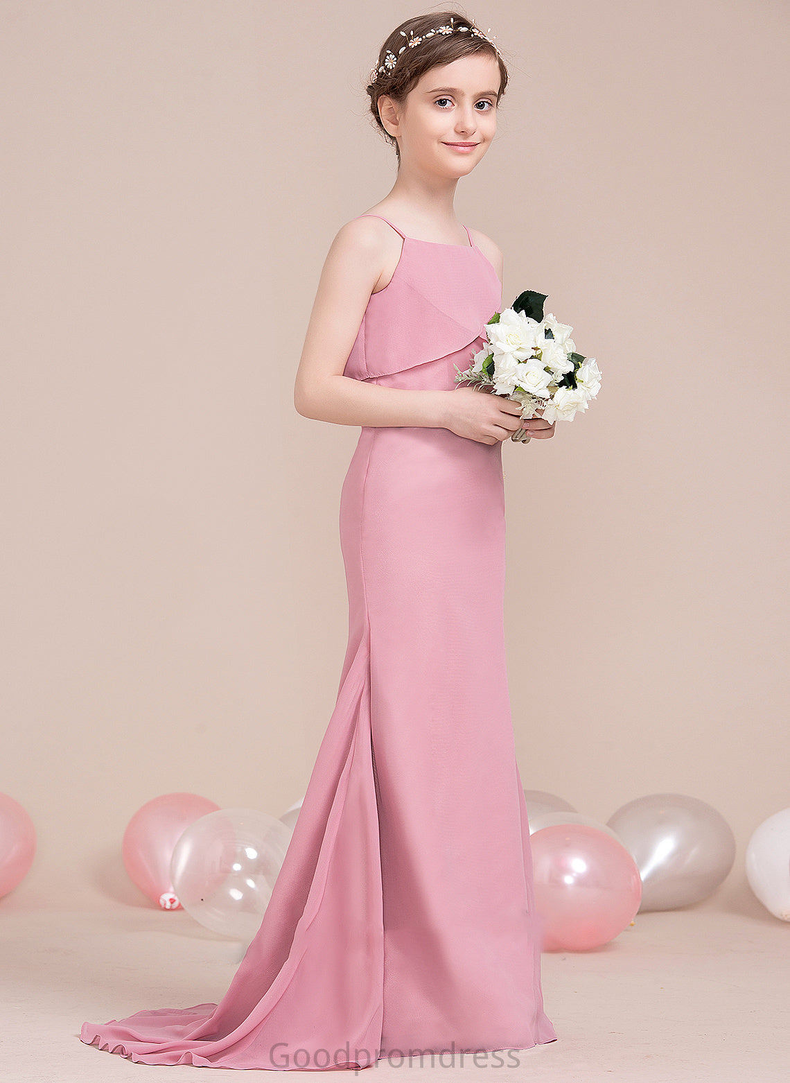 Junior Bridesmaid Dresses Chiffon Cascading Neckline Train Ally Trumpet/Mermaid With Ruffles Sweep Square